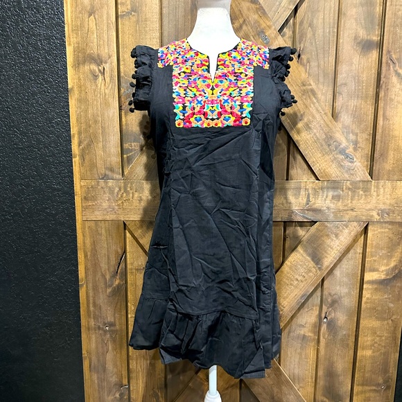 NWOT Black Multi-Color Embroidered Pom Sleeve Dress Sz M - Picture 15 of 16
